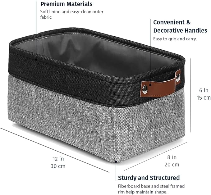OrganiHaus 12x8in Canvas Storage Baskets 3 Pack | SMALL Fabric Bins for Shelves | Pantry & Bathroom Organizer | Gray/Black