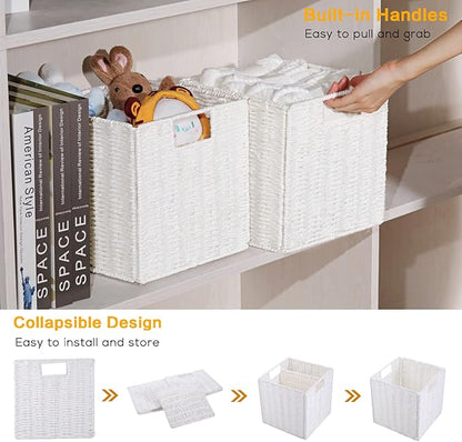 Vagusicc Wicker Storage Basket, Set of 2 Hand-Woven Storage Baskets for Organizing, White Foldable Cube Storage Bins Organizer, 9 x 9 Inch Square Wicker Storage Baskets for Shelves Pantry Decor