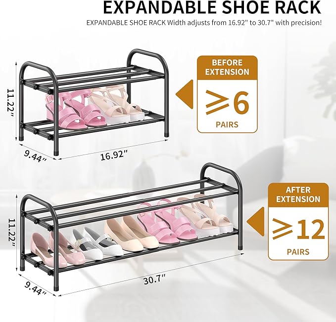 Hleelomi 2-Tier Expandable Shoe Rack for Entryway，Adjustable Metal Shoe Organizer for Closet,Living Room,Dorm,Black
