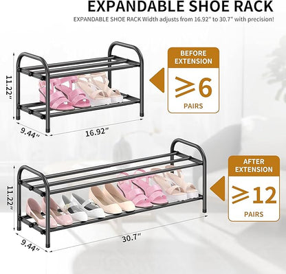 Hleelomi 2-Tier Expandable Shoe Rack for Entryway，Adjustable Metal Shoe Organizer for Closet,Living Room,Dorm,Black