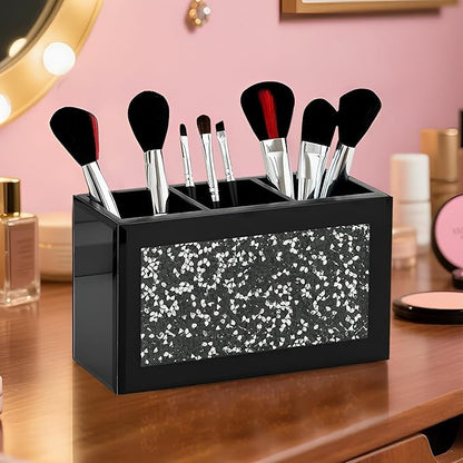 SHYFOY Black Makeup Brush Holder Organizer, 3 Slots Glass Cosmetic Brushes Storage with Crushed Diamond, Pencil Pen Holder for Desk, Desk Organizer and Accessories for Vanity