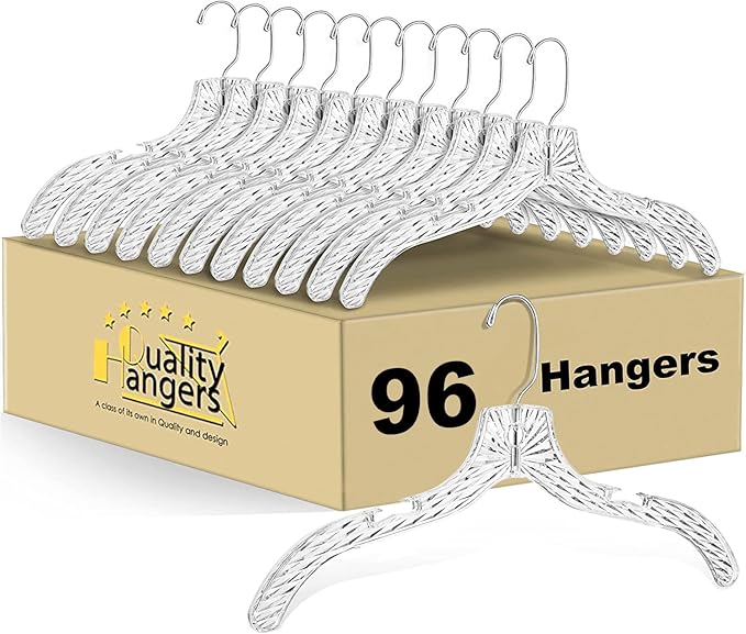 Quality Clear Plastic Hangers 96 Pack - Crystal Cut for Shirts, Suits, Coats, Dresses Hangers, Heavy Duty & Nonslip Design with Swivel Hook, 17 inches