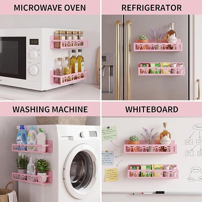Beeveer 2 Pack Classic Bow Magnetic Spice Rack for Refrigerator Metal Magnet Basket Shelf for Fridge Seasoning Storage Organizers Home Decor Kitchen Accessories (Pink)