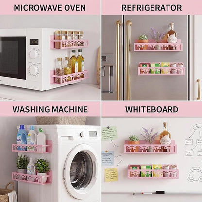 Beeveer 2 Pack Classic Bow Magnetic Spice Rack for Refrigerator Metal Magnet Basket Shelf for Fridge Seasoning Storage Organizers Home Decor Kitchen Accessories (Pink)
