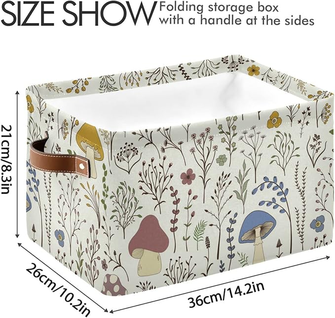 Kigai Mushroom Storage Basket Collapsible Rectangle Storage Bin Shelves Basket Organizer with Leather Handle for Closet, Office, Nursery, Home Decor