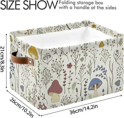 Kigai Mushroom Storage Basket Collapsible Rectangle Storage Bin Shelves Basket Organizer with Leather Handle for Closet, Office, Nursery, Home Decor