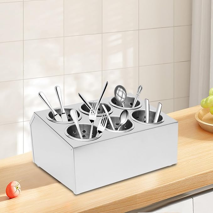 Commercial 6-Hole Stainless Steel Cylinder Flatware Silverware Utensil Holder Organizer Caddy, Detachable Countertop Utensil Dispenser for Forks Spoons Knives for Kitchen Restaurant Buffet