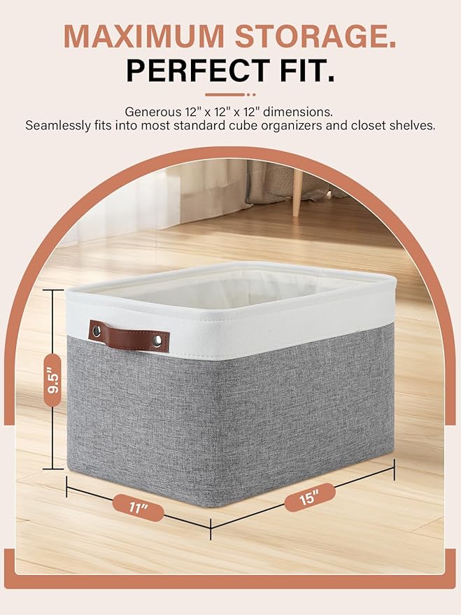 DULLEMELO Fabric Baskets for Storage, Office, Home,Nursery,Organizing Baskets for Shelves, Bedroom, Toys,Gift,Fabric Storage Basket with Handles(White&Grey,15"x11"x9.5",4-Pack)
