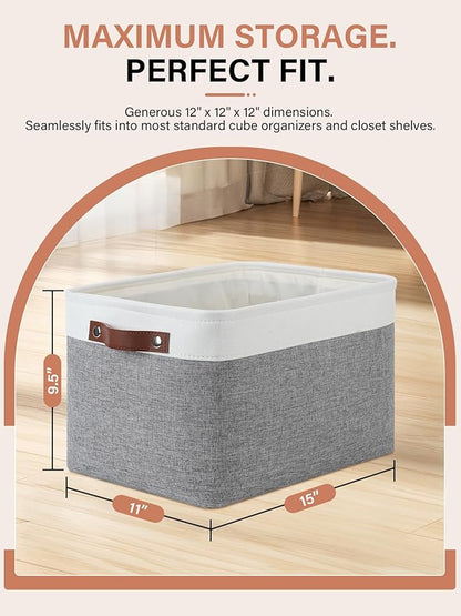 DULLEMELO Fabric Baskets for Storage, Office, Home,Nursery,Organizing Baskets for Shelves, Bedroom, Toys,Gift,Fabric Storage Basket with Handles(White&Grey,15"x11"x9.5",4-Pack)