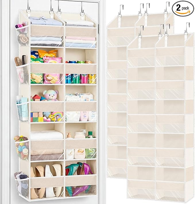 2 Pack Over the Door Organizer 5 Tiers, Extra Large Behind Door Storage of 10 Compartments, 80 lbs Weight Capacity Over Door Organizer, Door Hanging Organizer for Closet, Diaper Organizer, Beige