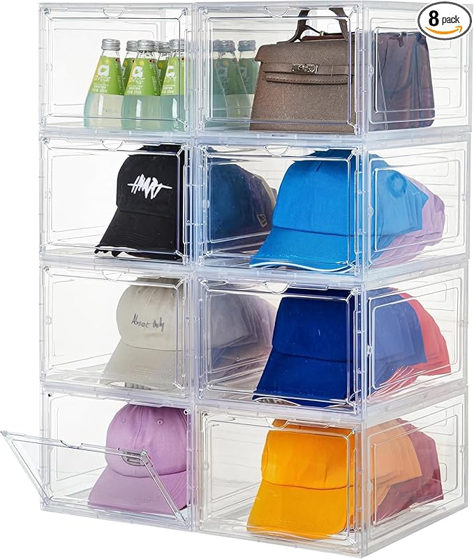 Attelite Upgrade Harder Solid Plastic Hat Organizer for Baseball Caps, 8 Pack Stackable Hat Storage Box with Clear Magnetic Door, Hat Rack(XL-Clear)