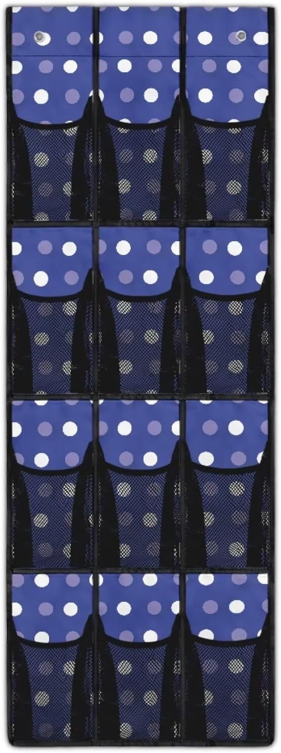 12-Pocket Over The Door Hanging Organizer, Lightweight Oxford Cloth Waterproof Foldable and Perfect for Bathroom Bedroom or Closet Storage Solutions, Dots Print Dark Blue