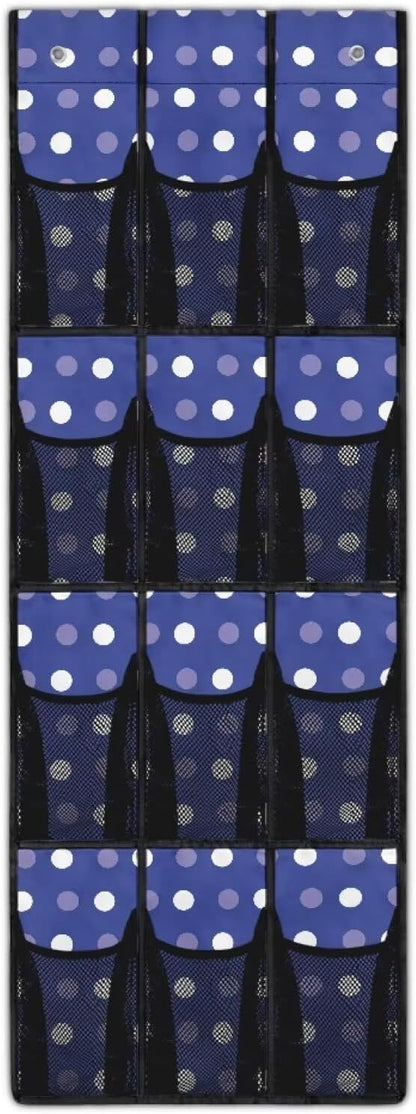12-Pocket Over The Door Hanging Organizer, Lightweight Oxford Cloth Waterproof Foldable and Perfect for Bathroom Bedroom or Closet Storage Solutions, Dots Print Dark Blue