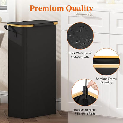 Lifewit 65L Slim Laundry Hamper with Lid, Narrow Laundry Basket with Removable Bag & Bamboo Handles, Fodable Thin Dirty Clothes Hamper for Laundry Collapsible Bin for Bathroom Bedroom Dorm, Black