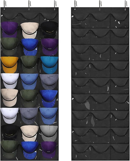 Dofilachy Hat Rack - Hat Organizer - Hat Racks for Baseball Caps, Visible Hat Holder - Baseball Rack for Wall Door with 3 Hooks, 27 Deep Pockets