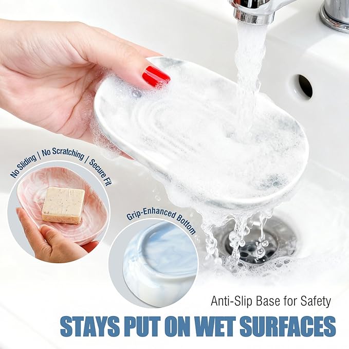 OTHIX Ceramic Soap Dish with Unique Marble Texture as, Decorative Bar Soap Holder for Bathroom and Kitchen, Cute Soap Dishes for Bar Soap, Jewelry, Ring (Gray Texture)