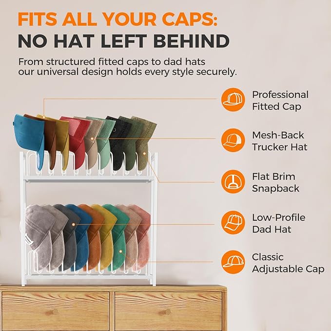 Cinati 2-Tier Hat Organizer for Baseball Caps, 18 Capacity Freestanding Baseball Cap Rack, Metal & Wood Hat Storage for Closet Entryway Bedroom, Black Cap Holder Stand, Gifts for Men Dad