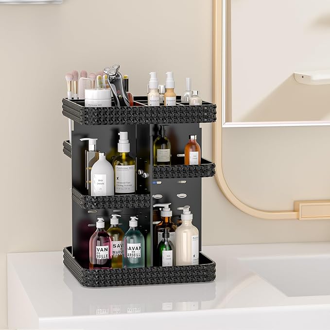 Rotating Makeup Organizer with Makeup Brush Holder,Large Capacity Perfume Organizer for Vanity Countertop,Acrylic Skincare Organizers Spinning Holder Storage Rack (Black)