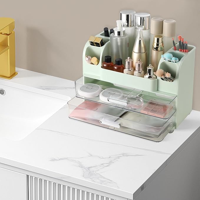 Large Makeup Organizer Countertop with Drawers, Make Up Organizer for Vanity, Makeup Storage Organizer Countertop Makeup Organizers for Skincare, Green