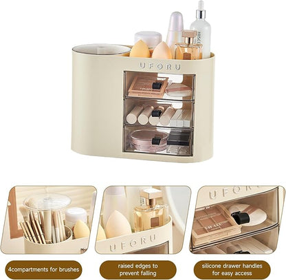 UFORU Makeup Organizer with Pop-Up Brush Holder for Dresser Vanity, Plastic Bathroom Counter Organizer with 3 Drawers & Dust-Proof Cover, Cosmetic Display Case for Lipstick, Skincare, Cream White