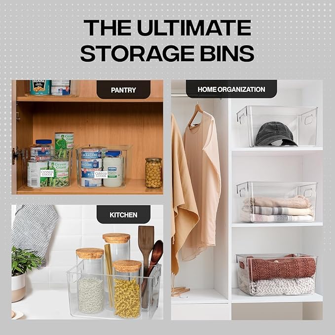 Set Of 4 Plastic Storage Bins,13.6x9.5x5.7''Versatile Kitchen Pantry Organization and Storage,for Plastic Storage Container Under Bed,Under Sink Bathroom Organizer (Clear, 4 Pack Large
