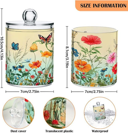 4 Pack Qtip Holder Dispenser Dragonfly Butterfly Tulip Flower Cotton Ball Swab Round Pads Floss Clear Bathroom Storage Containers Plastic Apothecary Jars with Lids