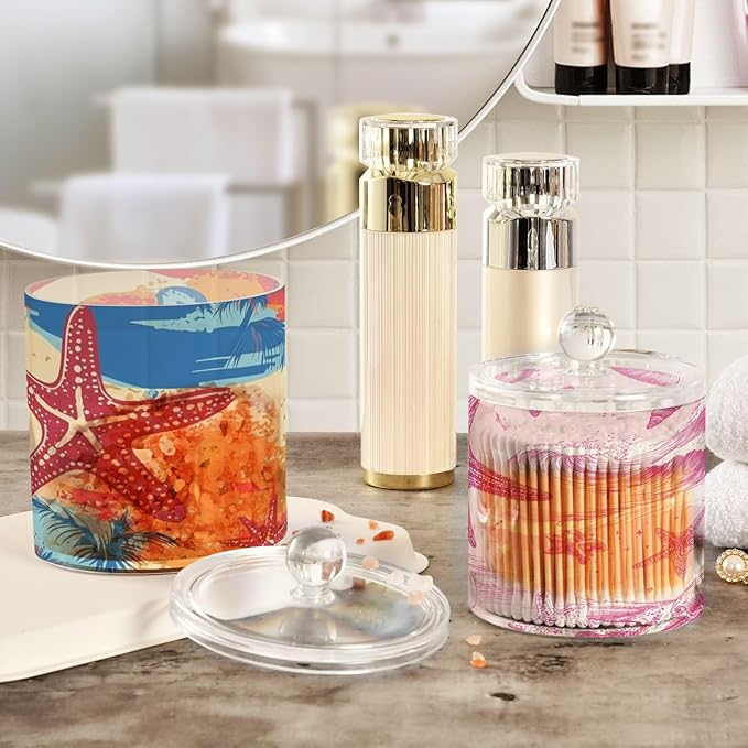 2 Pack Qtip Dispenser Apothecary Jars with Lids Cotton Round Holder Bathroom Canisters for Cotton Swab Floss Ball Pads Clear Plastic Decorative Summer Beach Starfish Waves