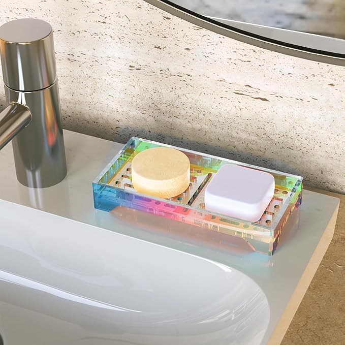 NiHome Self Draining Acrylic Soap Dish Fit for Kitsch, Durable Bathroom & Kitchen Soap Holder with 360° Airflow, Slotted Design to Keep Soap Bars Dry & Free from Residue, Easy to Clean(Iridescent)