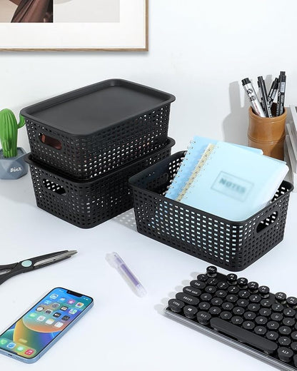 Storage Bins Plastic Storage Baskets With Lid Small Baskets for Organizing Stackable Storage Container Organizer Bins for Shelves Drawers Desktop Playroom Classroom Office, 6 Pack,Black