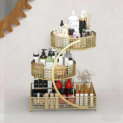 BCWW 3 Tiers Makeup Organizer Countertop Multi Bathroom Counter Organizer Metal Fruit Basket Perfume Skincare Organizers Holder for Vanities, Cabinet, Cosmetic, Dresser Organizer (Gold)