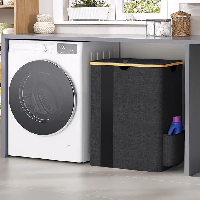 BlissTotes Laundry Basket with Lid, 150L Clothes Laundry Hamper with Handles and 2 Removable Laundry Bag, Breathable Design Hamper with Lid for Bedroom, Bathroom, Dorm, Laundry Room - Dark Grey