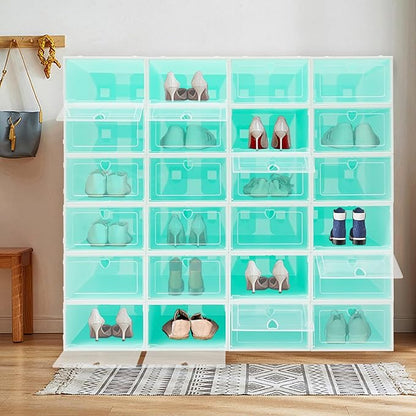 24Pcs Stackable Shoe Storage Boxes with Clear Doors - Foldable Shoe Organizer for Closet Cabinet, Black/White/Green Options for Sneakers Boots Home Organization (Green)
