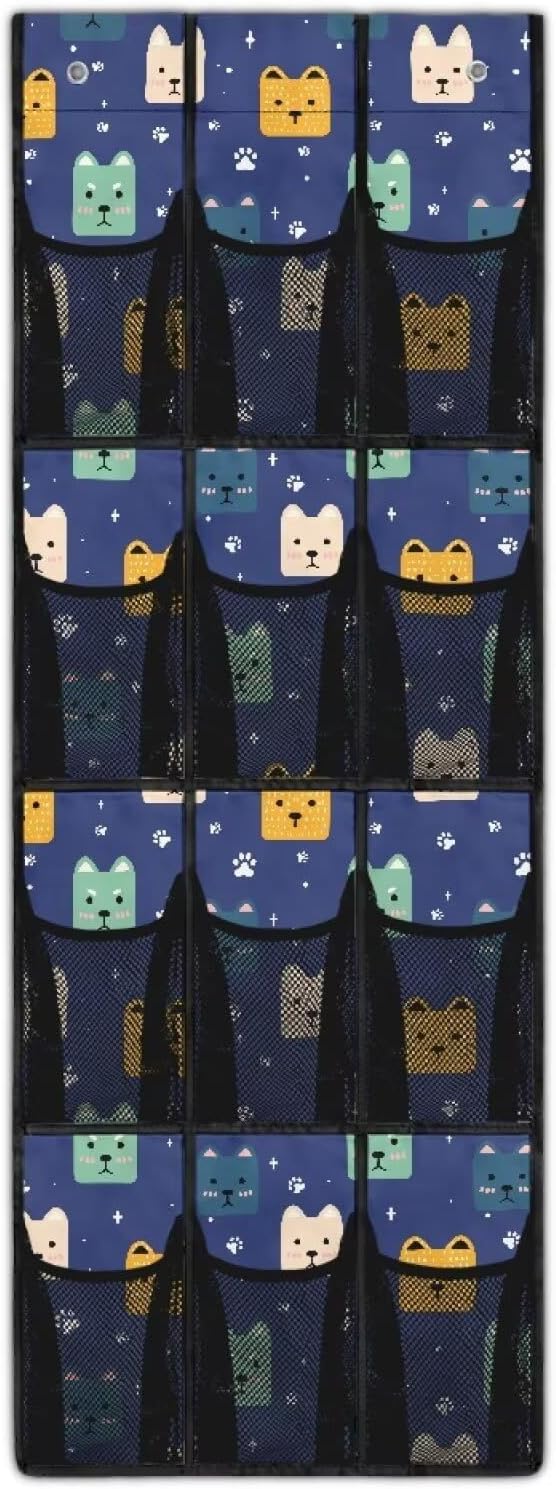Shoe Organizer Over The Door 12 Pockets Door Hanger Organizer Bathroom Mesh Fabric Cute Cat Shoe Holder Hanger for Living Room Space Saving Wall Hanging Storage