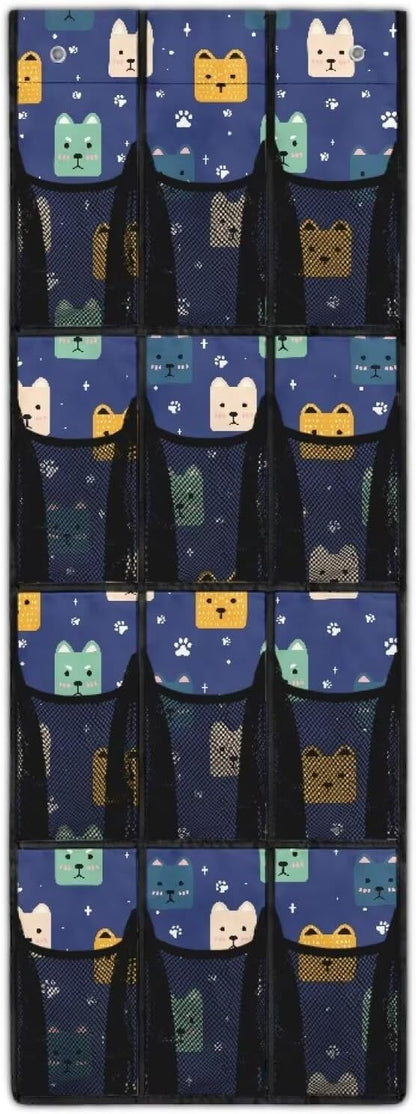 Shoe Organizer Over The Door 12 Pockets Door Hanger Organizer Bathroom Mesh Fabric Cute Cat Shoe Holder Hanger for Living Room Space Saving Wall Hanging Storage