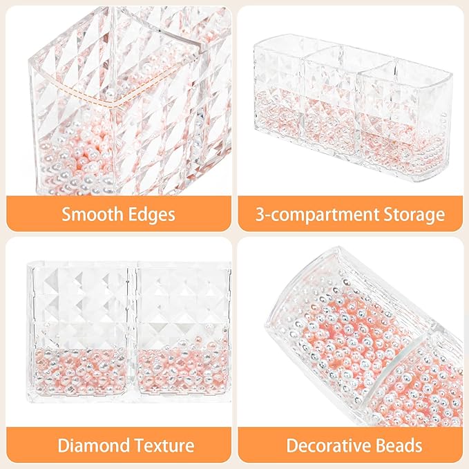 Makeup Brush Holder 3 Slots Acrylic Clear Hair Brush Holder with Pink and White Pearls, Makeup Organizer Brushes for Vanity Office and Bathroom