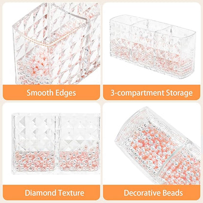 Makeup Brush Holder 3 Slots Acrylic Clear Hair Brush Holder with Pink and White Pearls, Makeup Organizer Brushes for Vanity Office and Bathroom