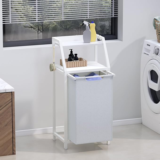 Timberer Laundry Hamper, Laundry Sorter, Rolling Laundry Basket with Wheels, 2 Shelves, 18 Gal(68L), Pull-Out and Removable Oxford Fabric Bags, White and Grey