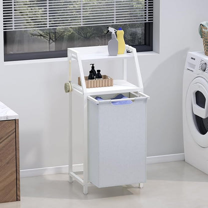 Timberer Laundry Hamper, Laundry Sorter, Rolling Laundry Basket with Wheels, 2 Shelves, 18 Gal(68L), Pull-Out and Removable Oxford Fabric Bags, White and Grey