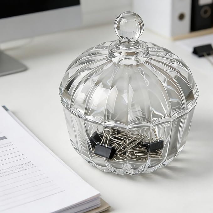 Clear Glass Jar with Lid - Pumpkin Glass Sugar Bowl with Lid for Coffee Station Sugar Cube Holder, Bathroom Qtip & Cotton Ball Organizer, Kitchen Storage & Home Decor Candy Jar