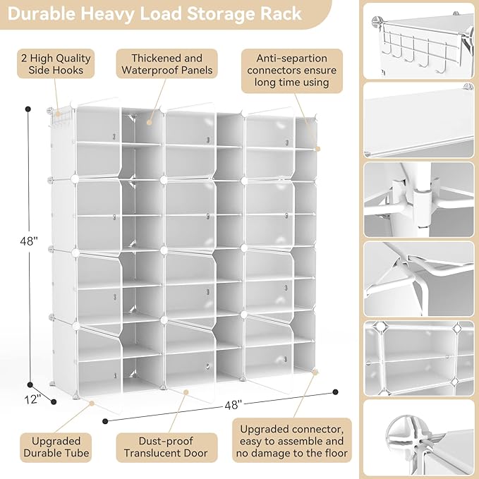Portable Shoe Rack Organizer with Door, 48 Pairs Shoe Storage Cabinet Easy Assembly, Plastic Adjustable Shoes Organizer Stackable Detachable Free Standing Shoes Rack White