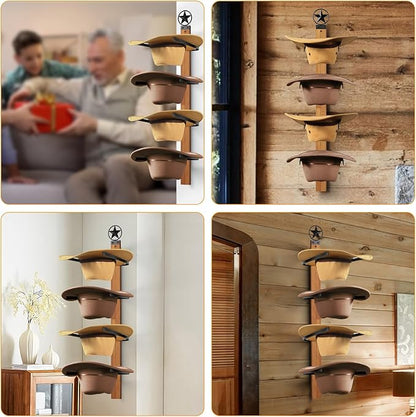 Cowboy Hat Rack, 4-Piece Western Hat Rack For Wall with Natural Wooden Board, Gift Cowboy Hat Holder for Wall Décor Keeps Original Shape of Hat