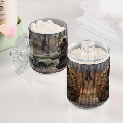 Sitting Bear Pattern Qtip Holder 4 Pack - 10 Oz Clear Plastic Apothecary Jar Set for Bathroom Organization - Versatile Canister Storage for Cotton Balls, Swabs, Rounds