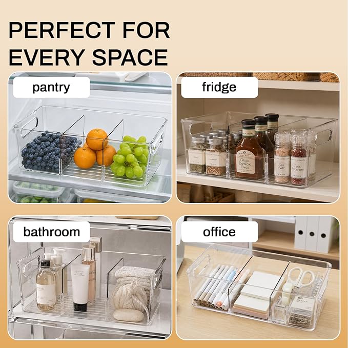 Mpotmiy 6 Pack Pantry Organizers and Storage,Clear Plastic Containers with 2 Dividers for Kitchen,Fridge Organization and Storage,Acrylic Bins for Pounches,Spice Packet,Snack organzier
