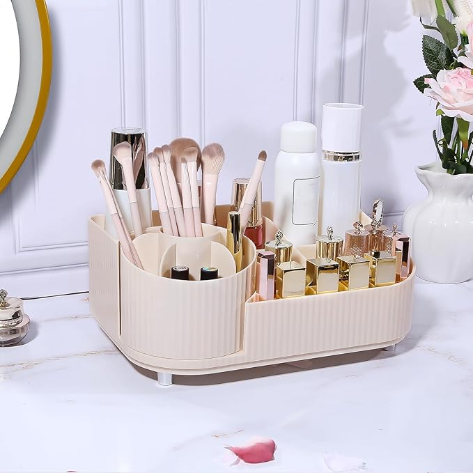 DASITON Large Capacity Makeup Organizer with 360° Rotating Makeup Brush Holder, Multi-Compartment Skincare and Cosmetic Storage for Vanity, Bathroom Countertop, Dresser, Desktop Storage Box (Cream)