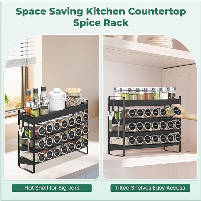 EsLuker.ly Spice Seasoning Rack Organizer Kitchen Countertop, 4 Tier Bamboo Spice Shelf Holder Storage with 4 Hooks, Wall Mounted Freestanding Stand for Pantry, Black (Jars Not Included)