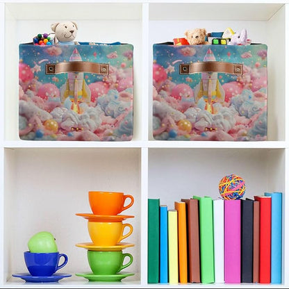 Large Storage Basket Rocket Pink Storage Bin Cube Canvas Fabric Organizer Handles Collapsible for Clothes Toys Bedroom Decorative