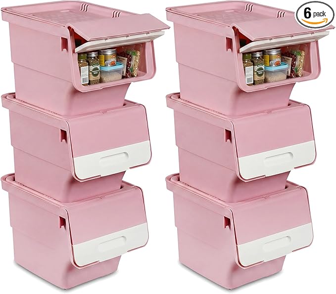 Giantex Plastic Stackable Storage Bins with Lids & Wheels, 6 Pack Open Front Stacking Bins, Organizer Bins for Pantry, Kitchen, Laundry, Closet, Playroom, Bedroom Organization （12.5 QT）