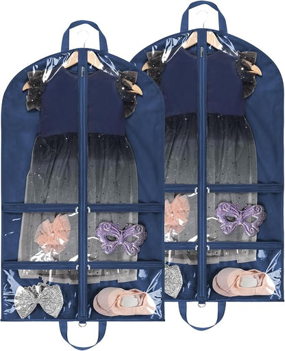 KEEGH CLear Garment Bags for Dance Costumes 40 inch Dance Garment Bags for Dancers Hanging Clothes for Closet Storage, with 4 Zipper Pockets for Dance Competitions, Ballet, Theatre, 2 Pack, Navy Blue