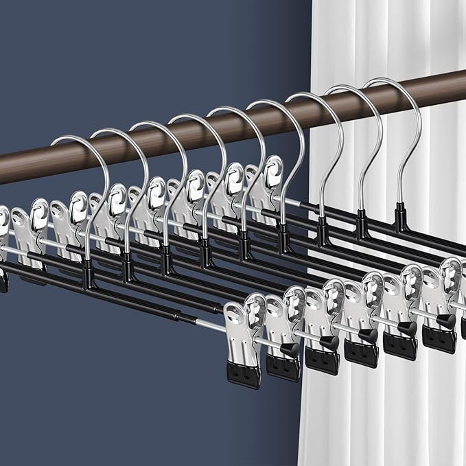 Pants Hangers with Clips 60 Pack Adjustable Skirt Hangers for Women Non-Slip Trousers Hanger for Jeans Clothes Hangers for Pants Heavy Duty Space Saving Shorts Hangers,Black,12Inch