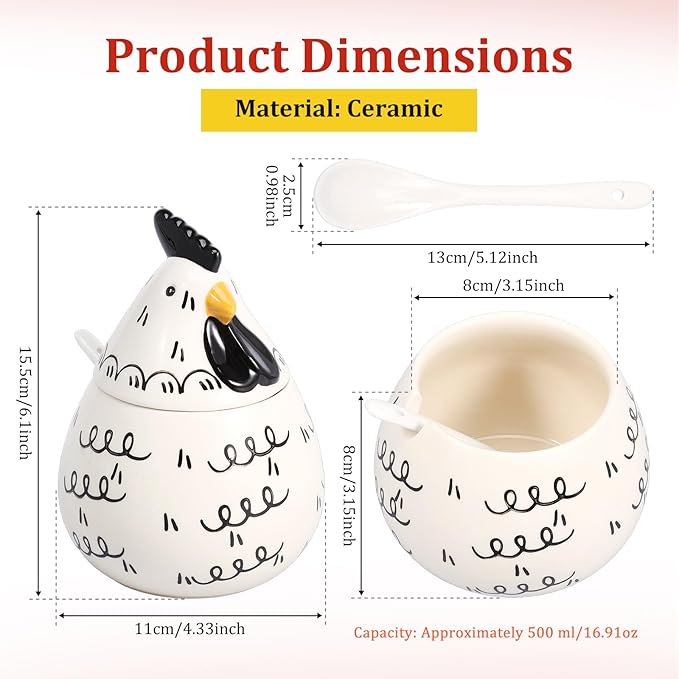 Ceramic Salt Cellar with Lid and Spoon,17oz Large Chicken Rooster Cookie Jar Salt Containers Holder for Countertop Spices,Cute Farmhouse Kitchen Decor,Spice Jar for Coffee,Sugar,Spices,Candies (#B)